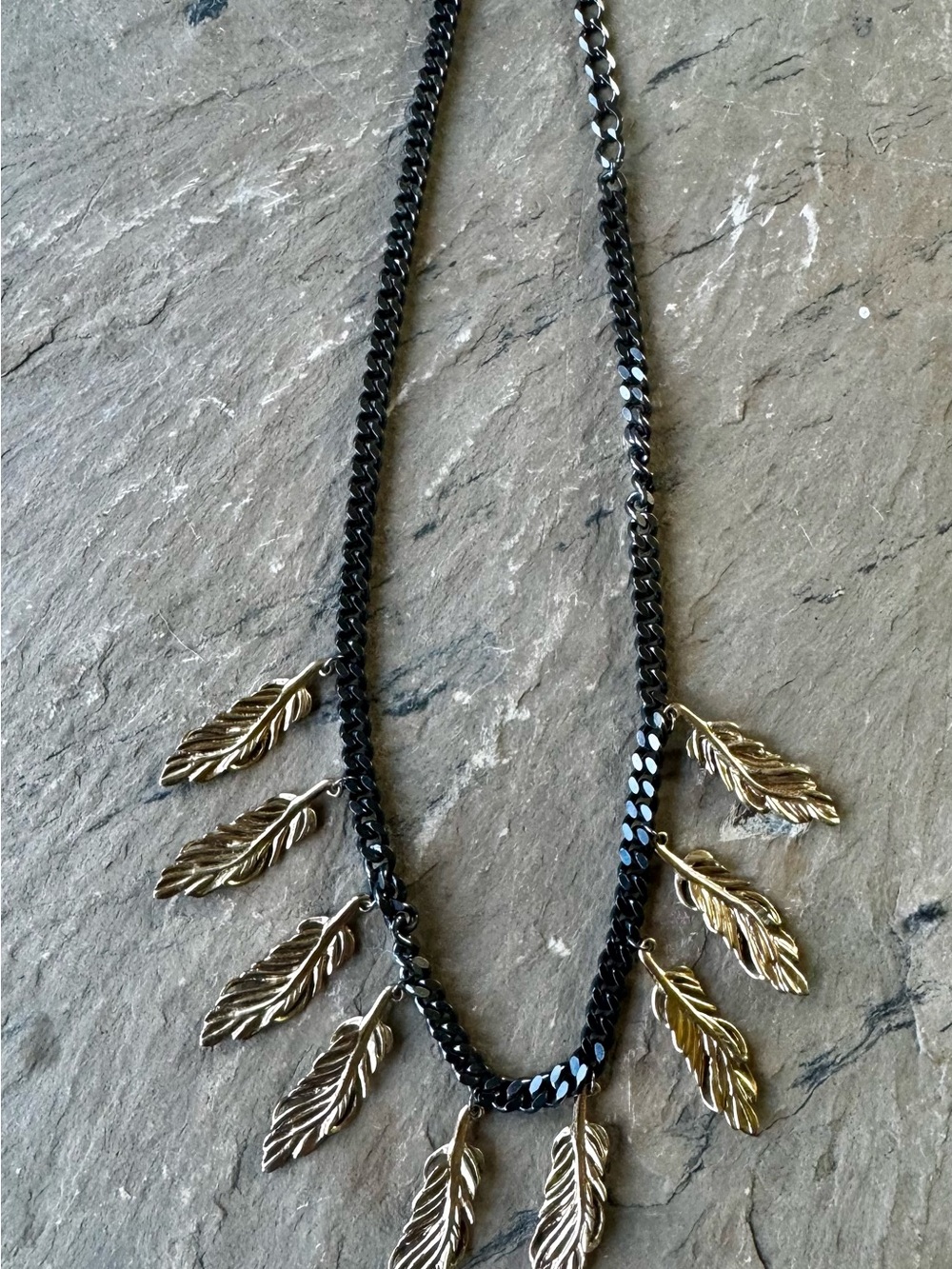 Stella & Dot Black Chain Necklace with Gold Feather Pendants